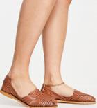 Asos Design Wide Fit Mileage Woven Leather Flat Shoes In Tan-brown