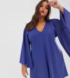 Asos Design Curve Plunge Angel Sleeve Mini Dress-navy