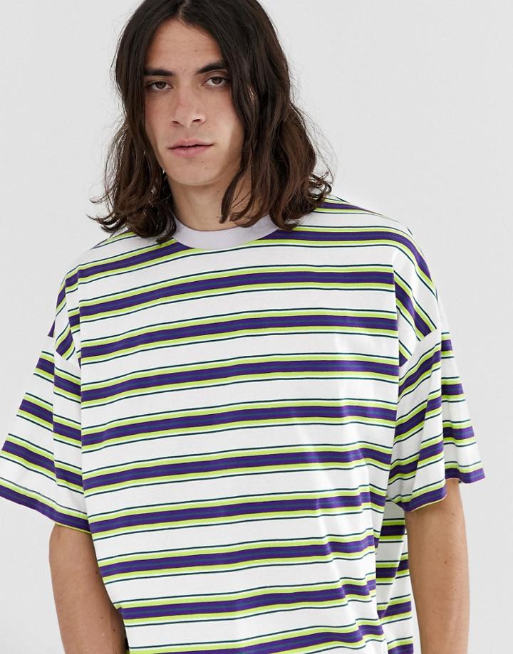 Asos Design Organic Cotton Oversized T-shirt With Bright Retro Stripe - White