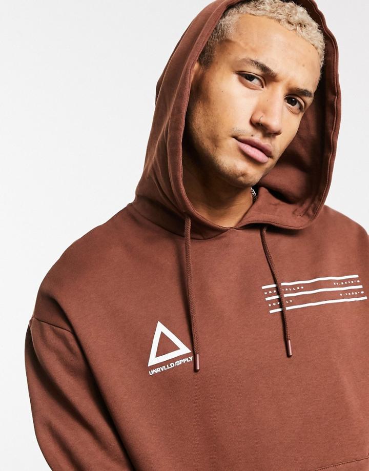 Asos Unrvlld Spply Oversized Hoodie In Brown With Chest Logos