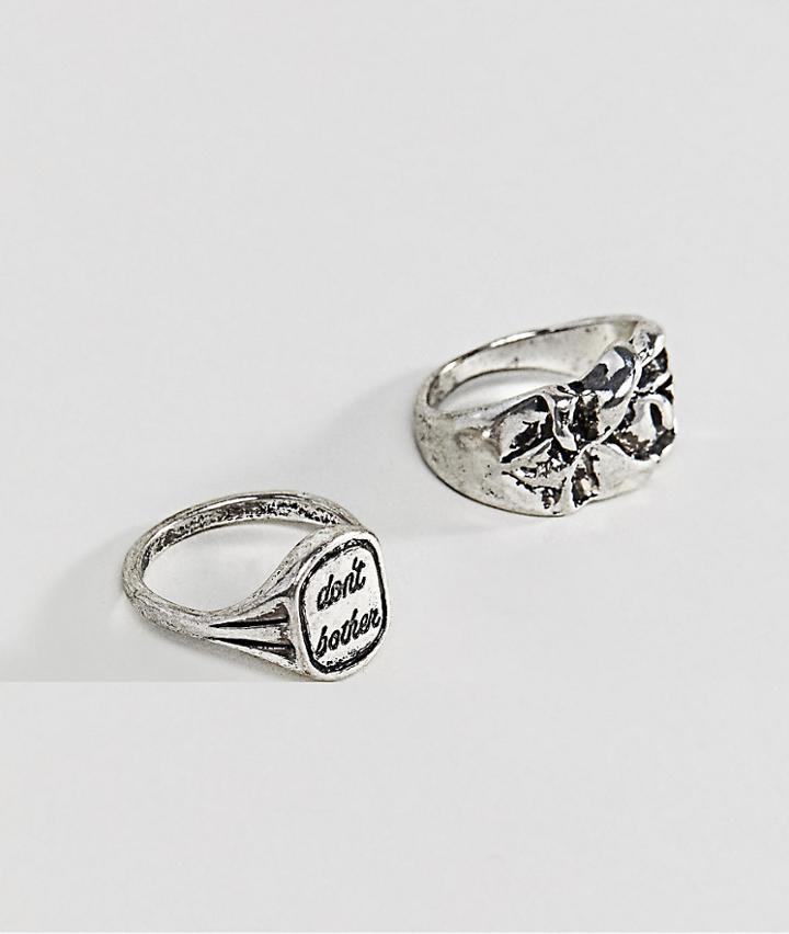 Asos Ring Pack With Rose And Slogan In Burnished Silver - Silver