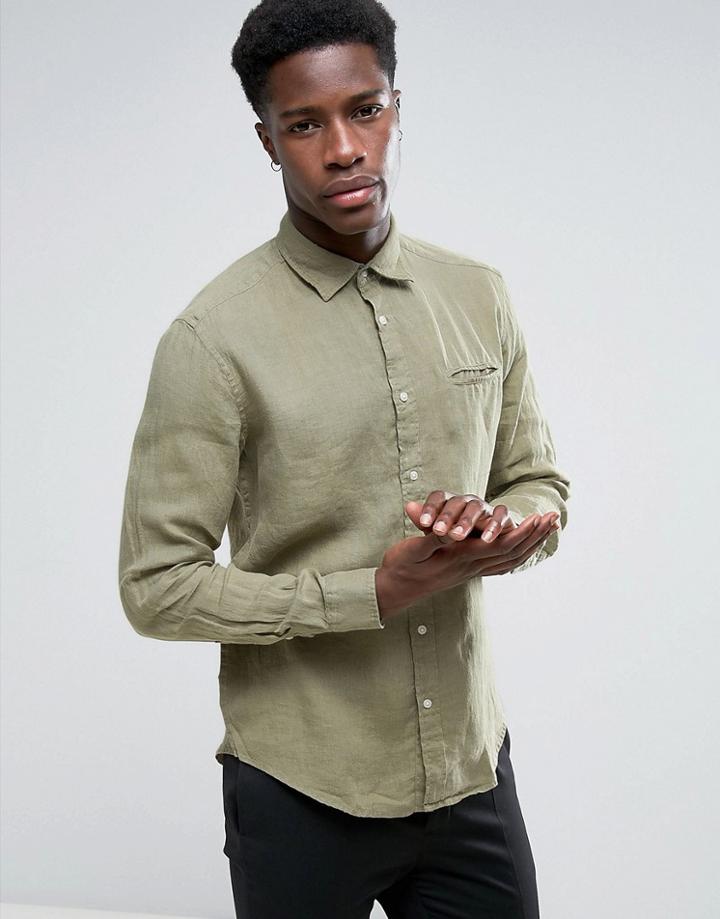 Esprit Linen Shirt With Chest Pocket Detail - Green
