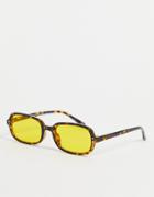 Asos Design Retro Rectangle Sunglasses With Yellow Lens In Brown Tortoiseshell - Brown