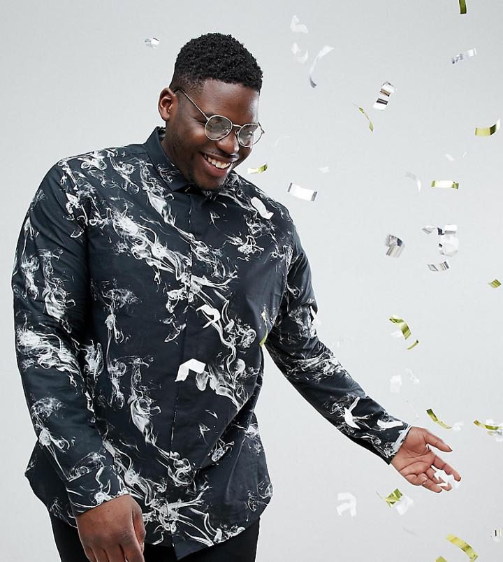 Noose & Monkey Plus Skinny Smoke Print Shirt - Black