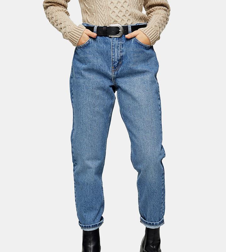 Topshop Petite Mid Blue Mom Jean-blues