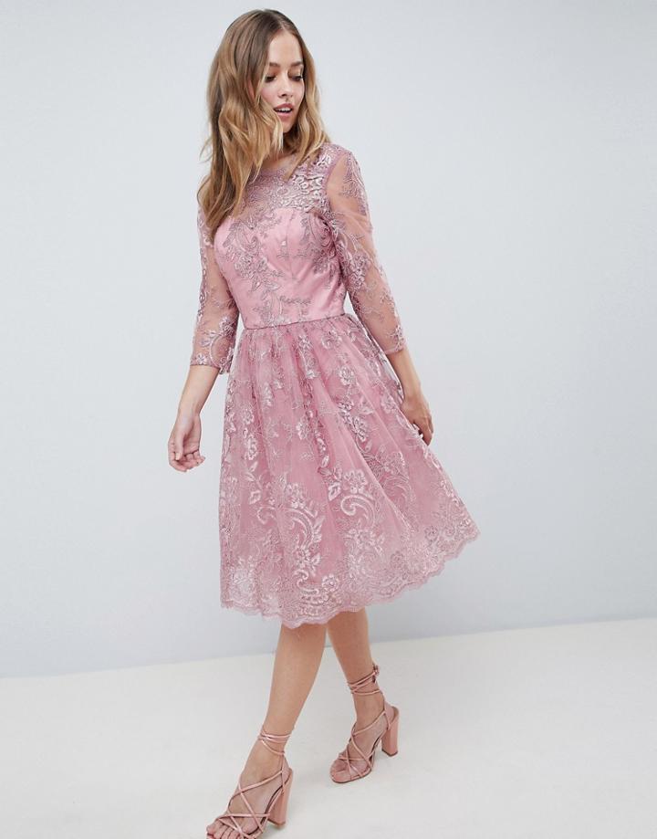 Chi Chi London Premium Embroidered Long Sleeve Midi Dress - Pink