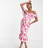Asos Design Maternity Ruffle Midi Dress In Pink Floral Print-multi