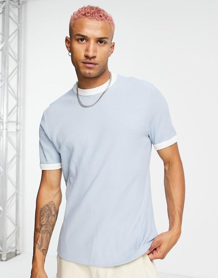 Asos Design Waffle T-shirt With Contrast Ringer In Light Blue-blues