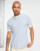 Asos Design Waffle T-shirt With Contrast Ringer In Light Blue-blues