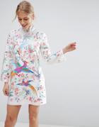 Asos Embroidered Bird Taffeta Mini Dress - Multi