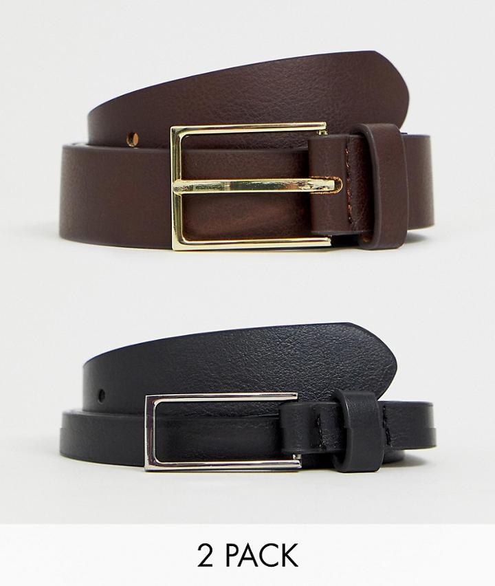 Asos Design 2 Pack Faux Leather Smart Slim Belt In Black And Brown Save - Multi