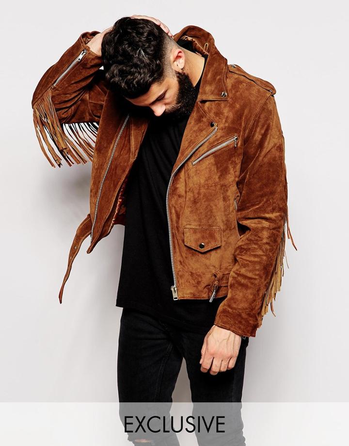 Reclaimed Vintage Suede Biker Jacket With Fringing - Brown