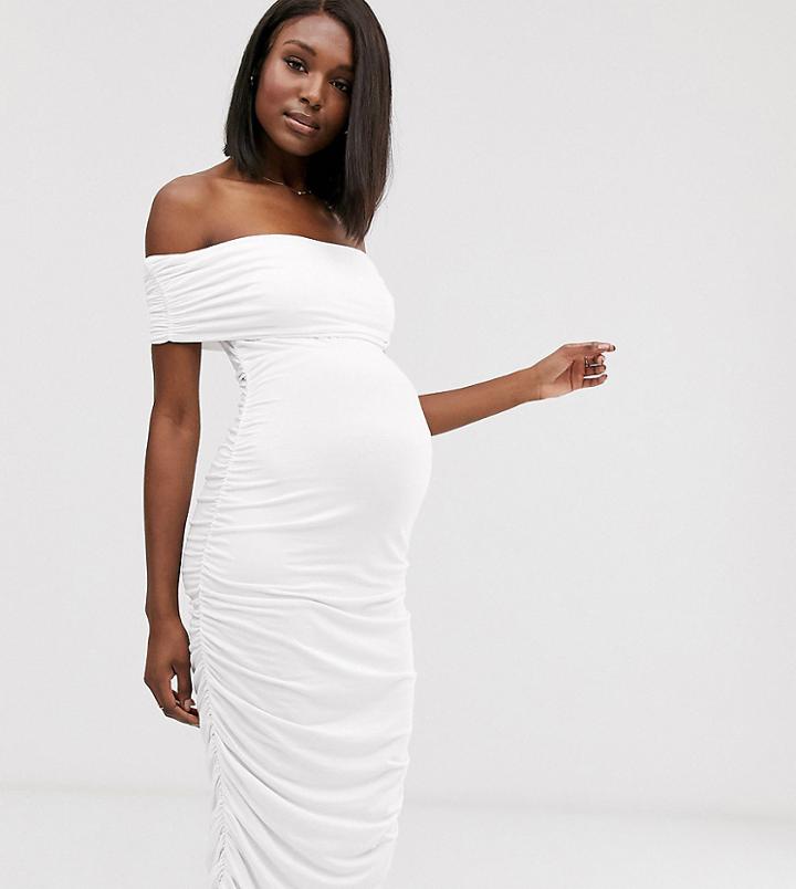 Asos Design Maternity Bardot Midaxi Dress With Ruched Sides-white