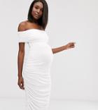 Asos Design Maternity Bardot Midaxi Dress With Ruched Sides-white