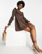 Miss Selfridge Ruffle Detail Poplin Smock Dress In Chocolate-brown
