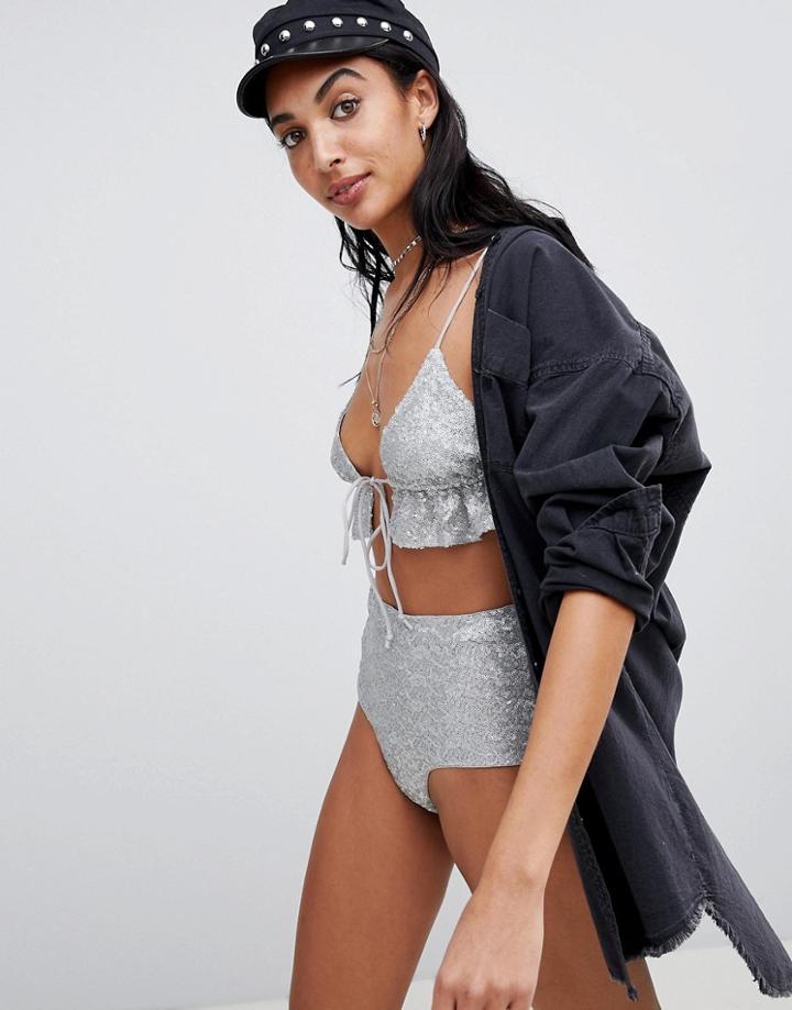 Motel Cami Crop Top With Ruffle In Sequin Co-ord - Silver