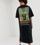 Crooked Tongues T-shirt Midi Dress With Stepped Hem & Side Split With Destiny Print - Black