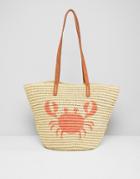 Chateau Crab Print Straw Beach Bag - Beige