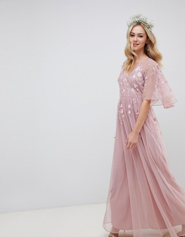 Asos Design Maxi Dress With Cape Sleeve In Embroidered Mesh-pink