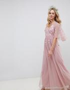 Asos Design Maxi Dress With Cape Sleeve In Embroidered Mesh-pink