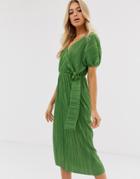 Asos Design Midi Plisse Tea Dress With Resin Buckle - Green