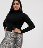 Asos Design Curve Turtleneck Long Sleeve Rib Crop Top In Black - Black