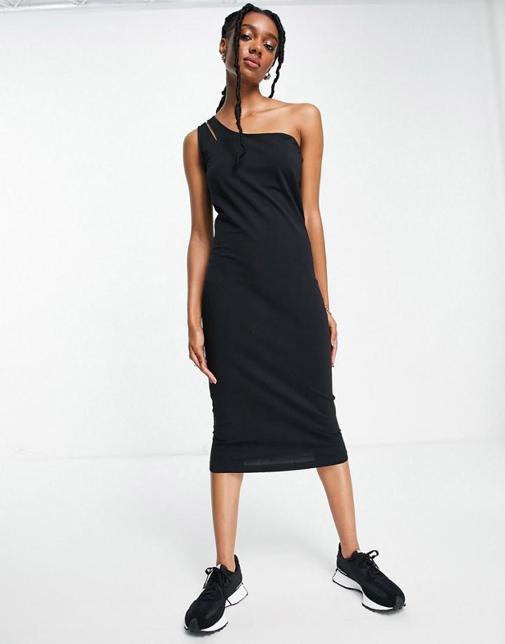Aligne One Shoulder Asymmetric Midi Dress In Black