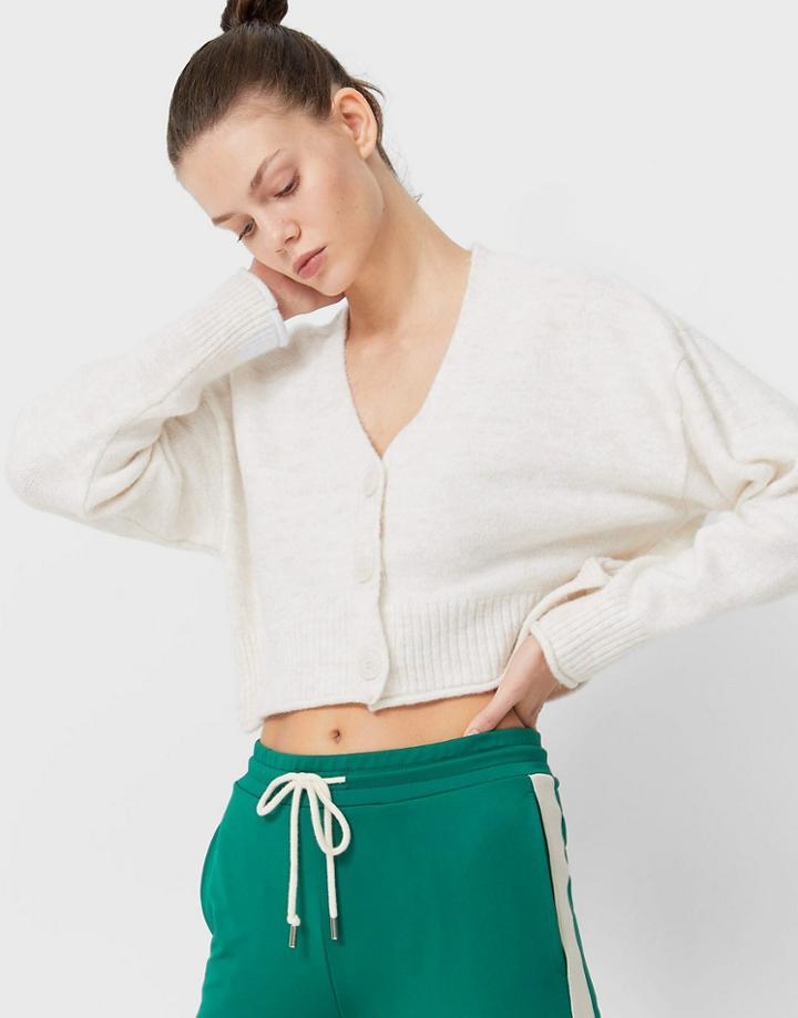 Stradivarius Crop Cardigan In Ecru-white