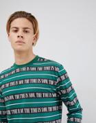Asos Design Relaxed Longline Long Sleeve T-shirt With Text All Over Print - Green
