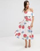 Asos Soft Off The Shoulder Bardot Midi Prom Dress In Oversized Florals - Multi