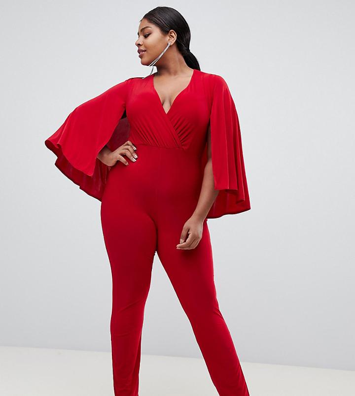 Club L Plus Cape V Plunge Wrap Jumpsuit - Red