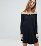 Asos Petite Babylock Rib Off Shoulder Mini Dress - Black