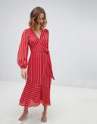 Warehouse Wrap Front Midi Dress With Tie Detail In Red Stripe - Red