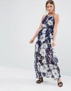 Qed London Square Neck Floral Print Maxi Dress - Navy