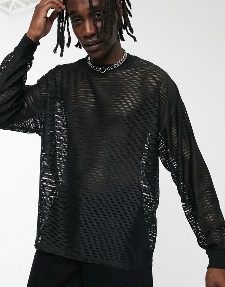 Asos Design Oversized Long Sleeve T-shirt In Cotton Mesh In Black - Black