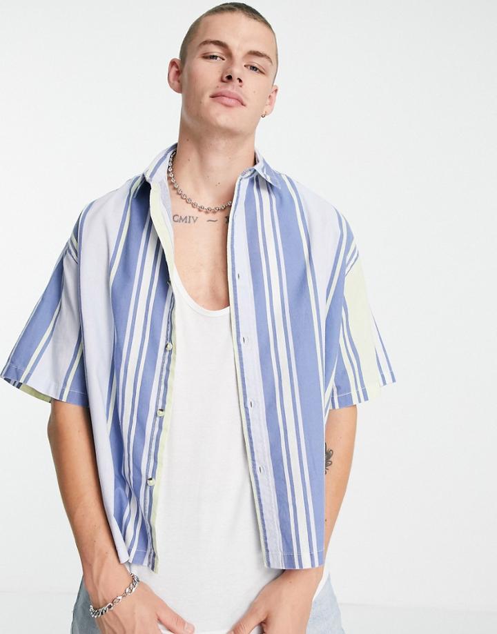 Asos Design Boxy Oversized Shirt In Blue Linen Look Stripe-blues