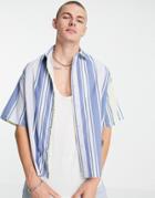 Asos Design Boxy Oversized Shirt In Blue Linen Look Stripe-blues
