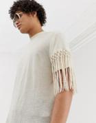 Asos Design Festival Relaxed T-shirt With Macrame Sleeve In Ecru-beige
