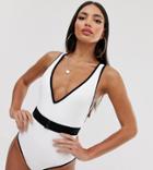 Asos Design Tall Belted Swimsuit In Mono Contrast-white