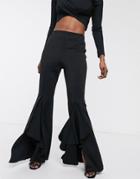 Asos Design Structured Scuba Flare Pants With Ruffle Front-black