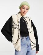Monki Recycled Face Print Fleece Tank In Off Beige-neutral