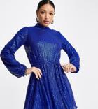 In The Style Tall Exclusive Sequin Tie Waist Volume Sleeve Oversized Mini Dress In Cobalt-blues