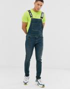 Asos Design Skinny Denim Overalls With Neon Stitch And Printed Straps-blue