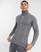 Asos Design Knitted Roll Neck Sweater With Cable Knit In Charcoal-grey