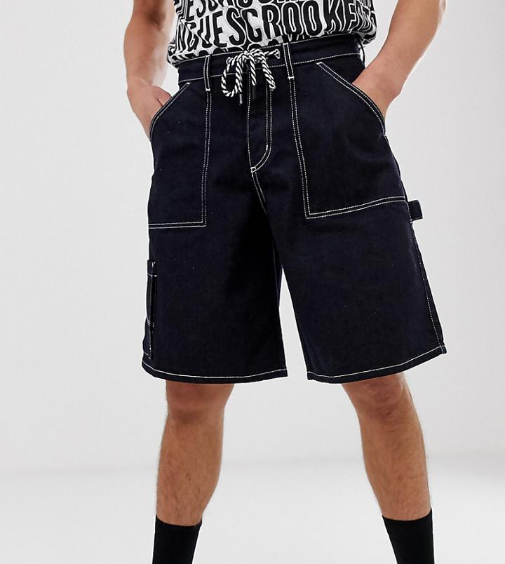 Crooked Tongues Denim Cargo Shorts In Navy - Navy