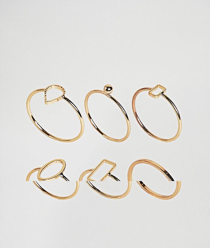 Asos Pack Of 6 Fine Shape Rings - Gold