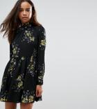 Fashion Union Petite High Neck Neck Skater Dress In Bold Floral Bloom Print - Multi