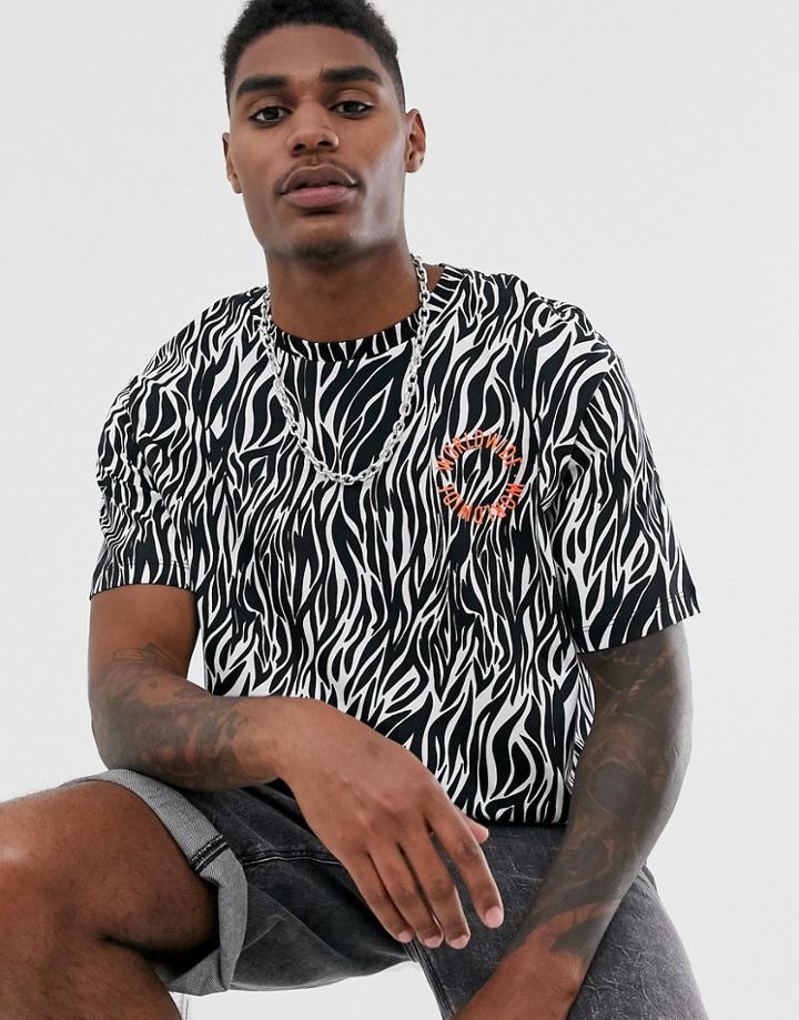 Bershka Zebra Print T-shirt With Chest Print In Black/white-multi