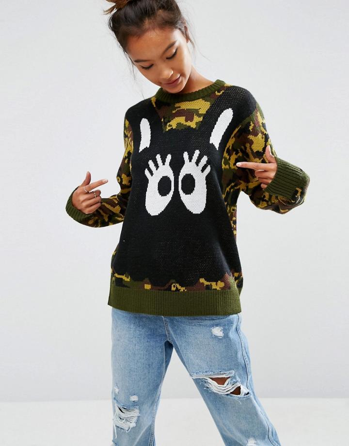 Mini Cream Crew Neck Sweater In Knitted Camo With Bunny Eyes - Green