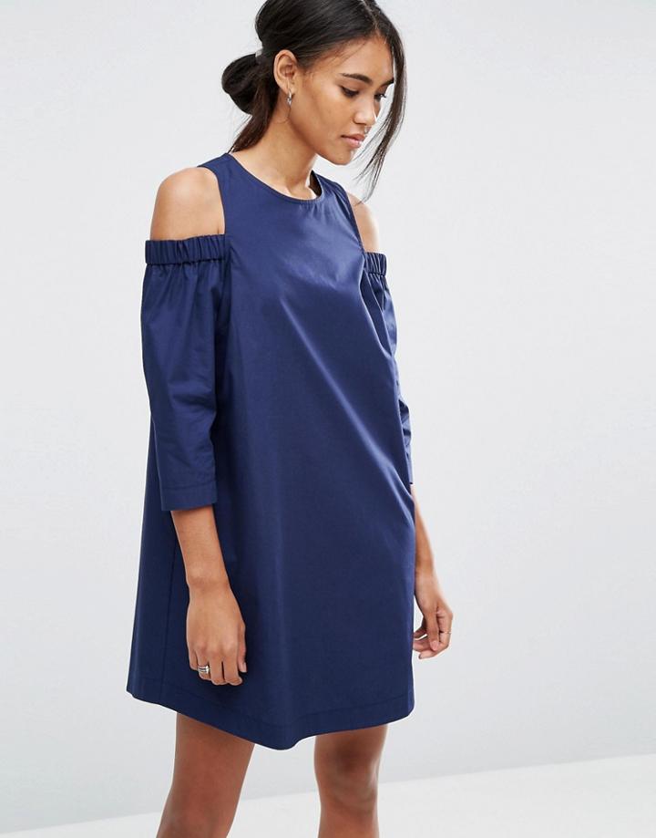 Asos Cold Shoulder Cotton Swing Dress - Navy